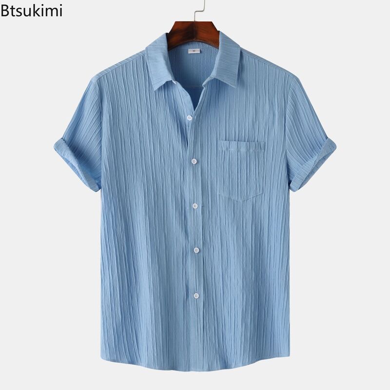 2024 neue Herren feste gestreifte Hemden Sommer mode Kurzarm einfache Revers Tops männlich lässig Urlaub täglich tragen Camisas Homme