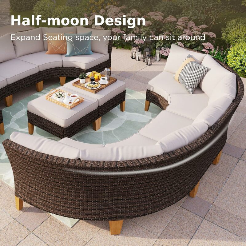 Conversation Set Half-Moon Curved Sectional Sofa Outdoor Oversized Waterproof Rattan Furniture Patio Set with Cushioned