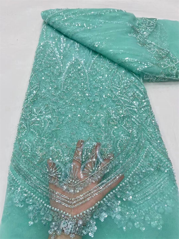 Afrykańska tkanina koronkowa 3D, kolorowe perły cekiny, francuski haft siatkowy, tiulowa koronka, biały ciężki koralik, luksus, 5 jardów, 2024
