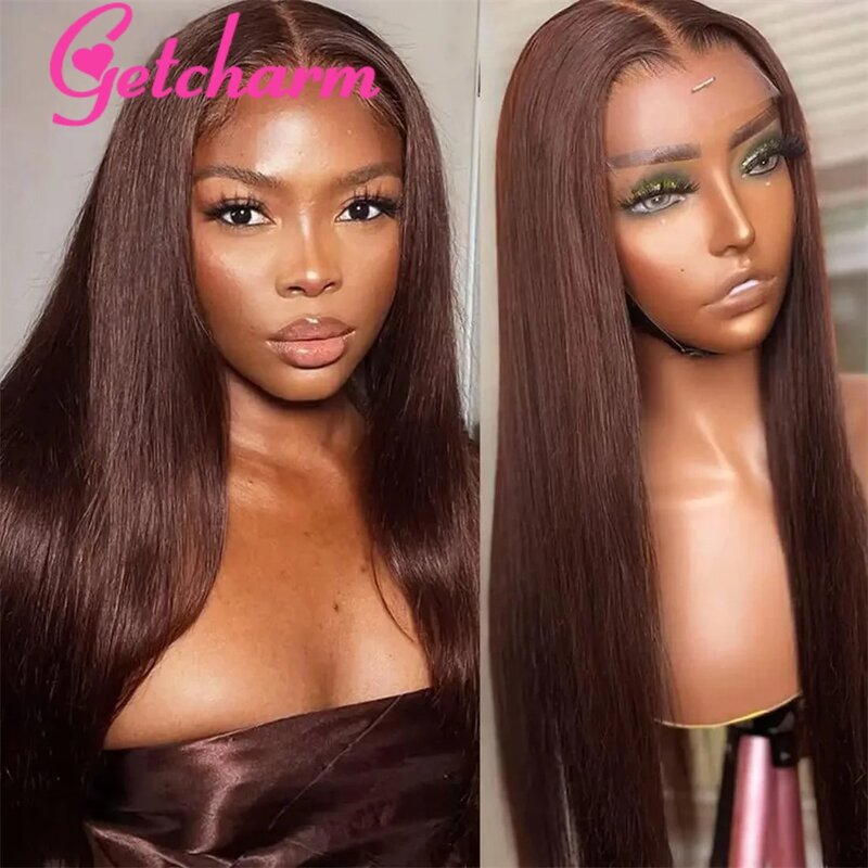 Peluca de cabello humano liso para mujer, postizo de encaje Frontal 13x4 HD, color marrón Chocolate, 13x6, sin pegamento, listo para usar