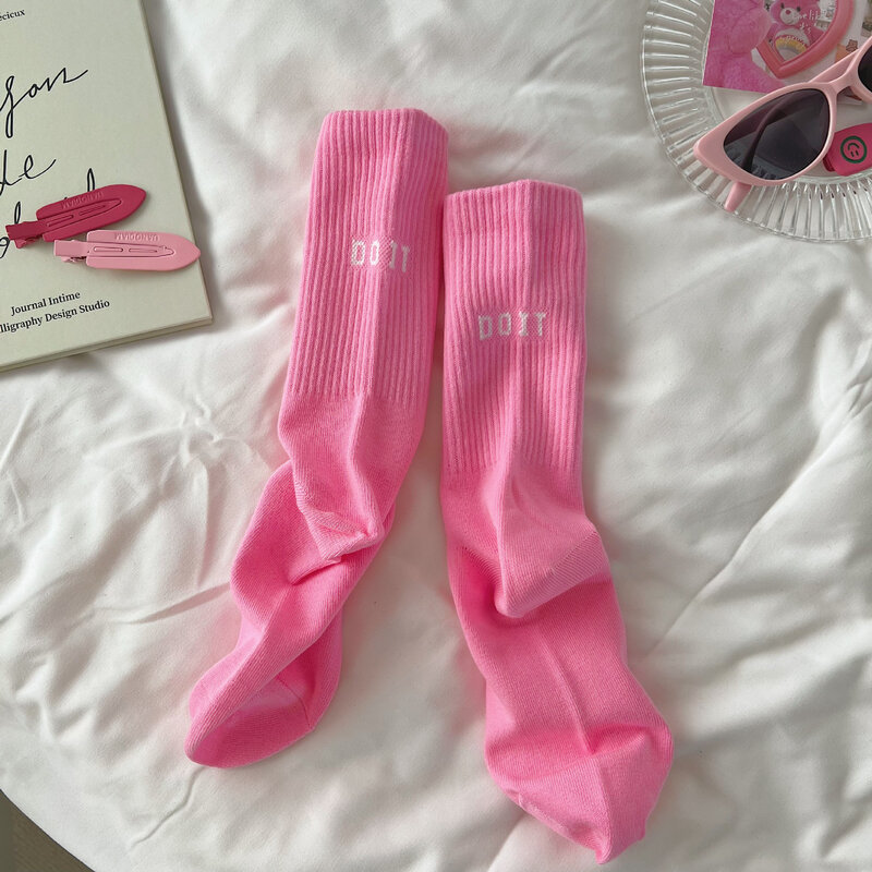 Pink socks women's spring and autumn style mid-tube socks ins outside wear cotton bottoming high waist letter sports stockings