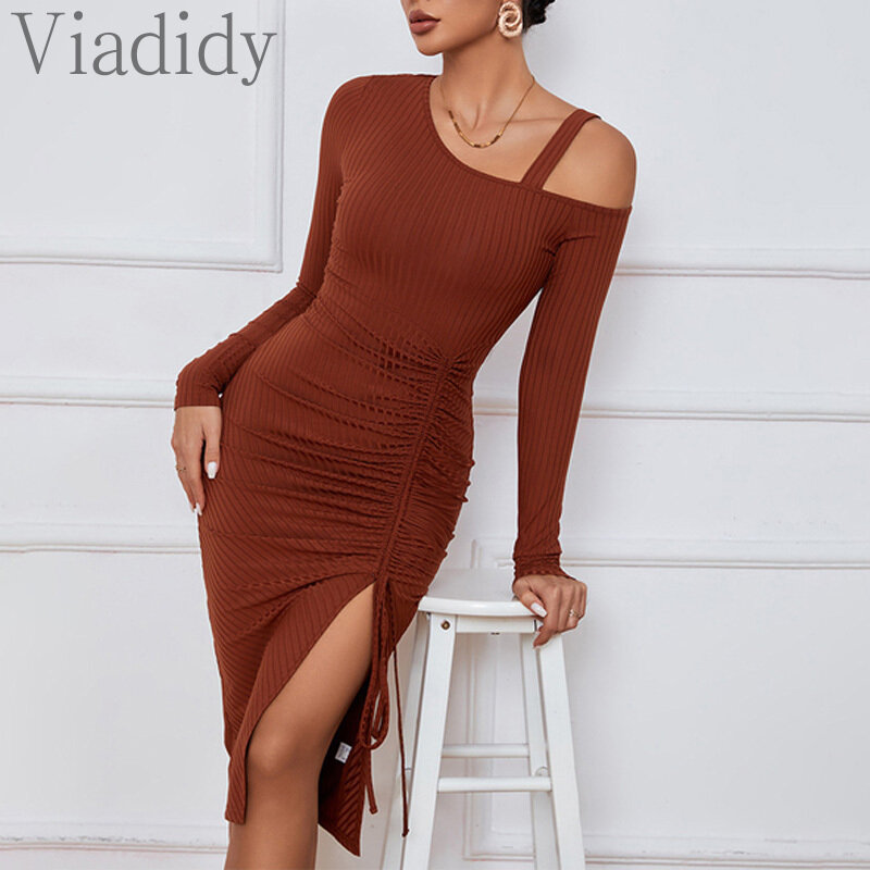 Women Casual Solid Color Long Sleeve Cut-out Shoulder Bodycorn Knitted Dress
