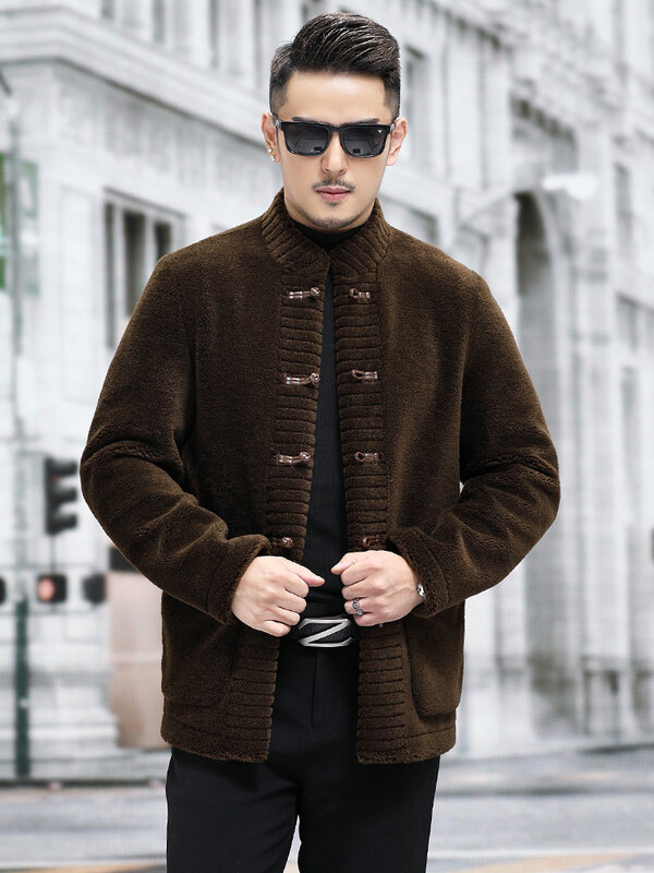 Jaqueta de pele real masculina com gola, lã genuína, casacos quentes, casacos masculinos, corte de ovelha, moda inverno, P513, 2023