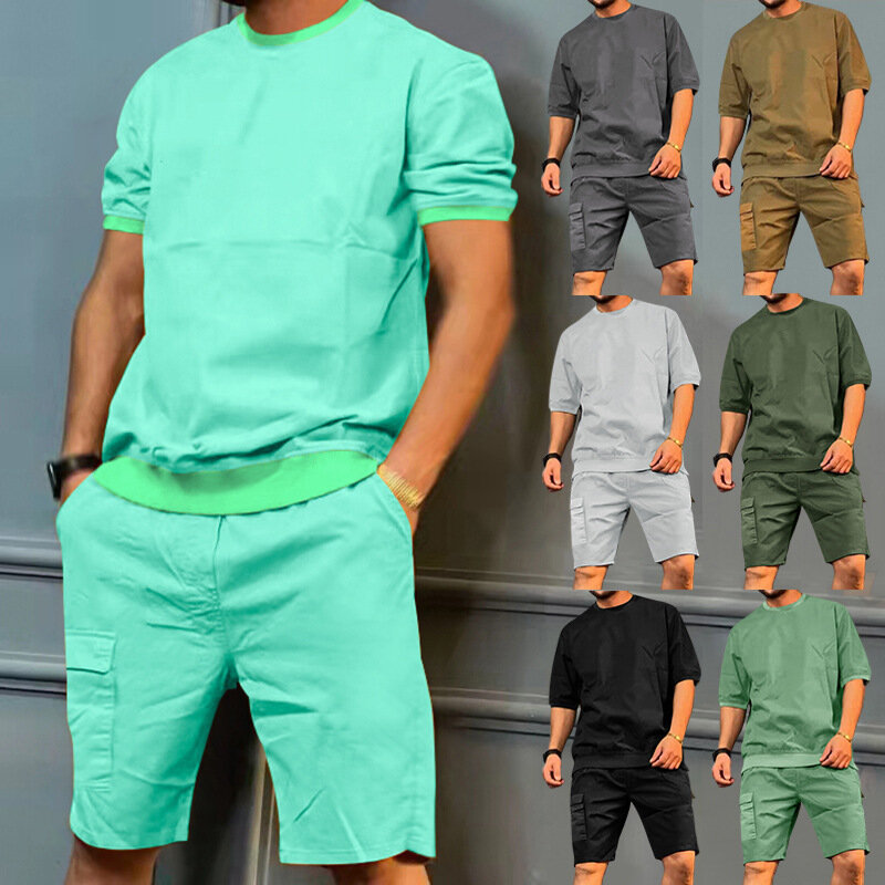 Traje deportivo de verano para hombre con múltiples bolsillos y pantalones cortos personalizados de manga corta, traje informal de cinco puntos