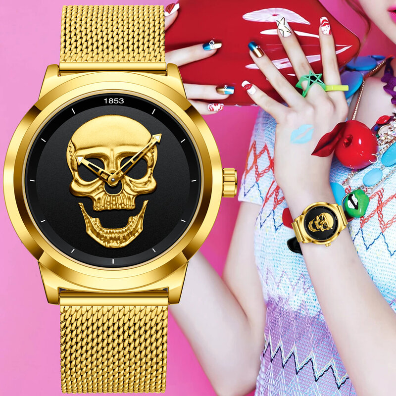 Часы наручные LIGE женские кварцевые, креативные брендовые Роскошные модные водонепроницаемые с изображением черепа