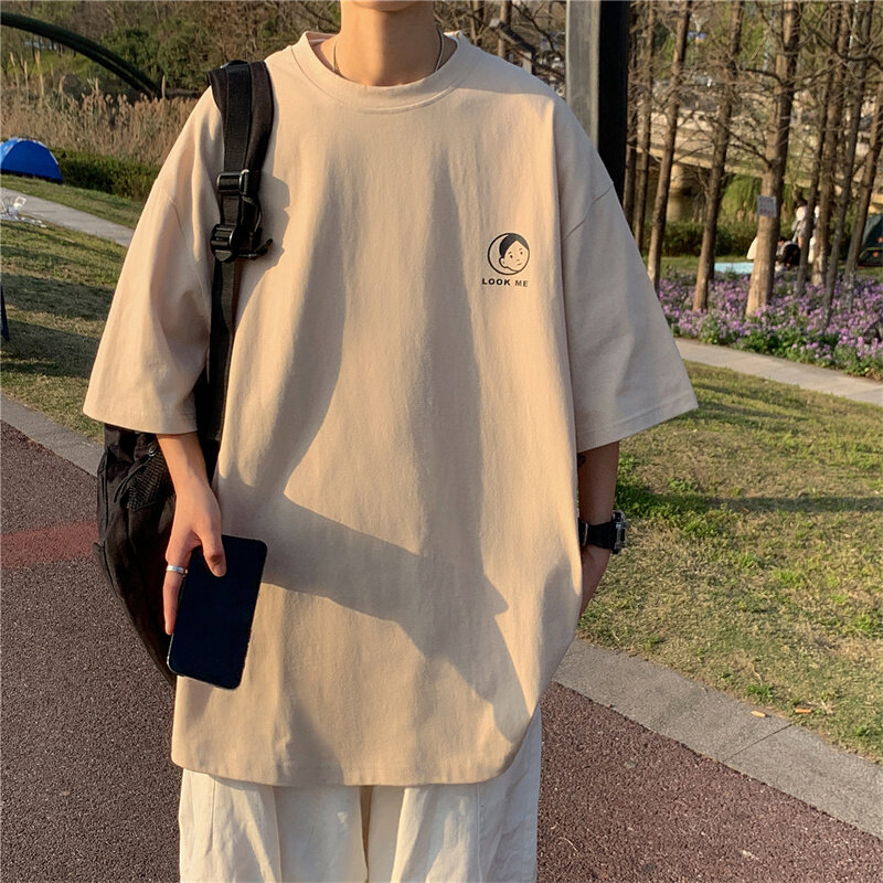 Kaus Streetwear Jepang pria, kaos huruf bernapas lengan pendek katun cetak grafis ukuran besar musim panas