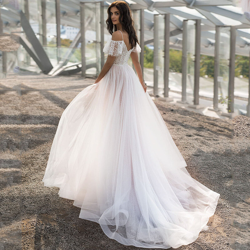 Lace Off Shoulder Women Wedding Dress Spaghetti Strap Deep V-Neck Ball Gown Backless Flutter Sleeve Wedding Gown Newest In Stock