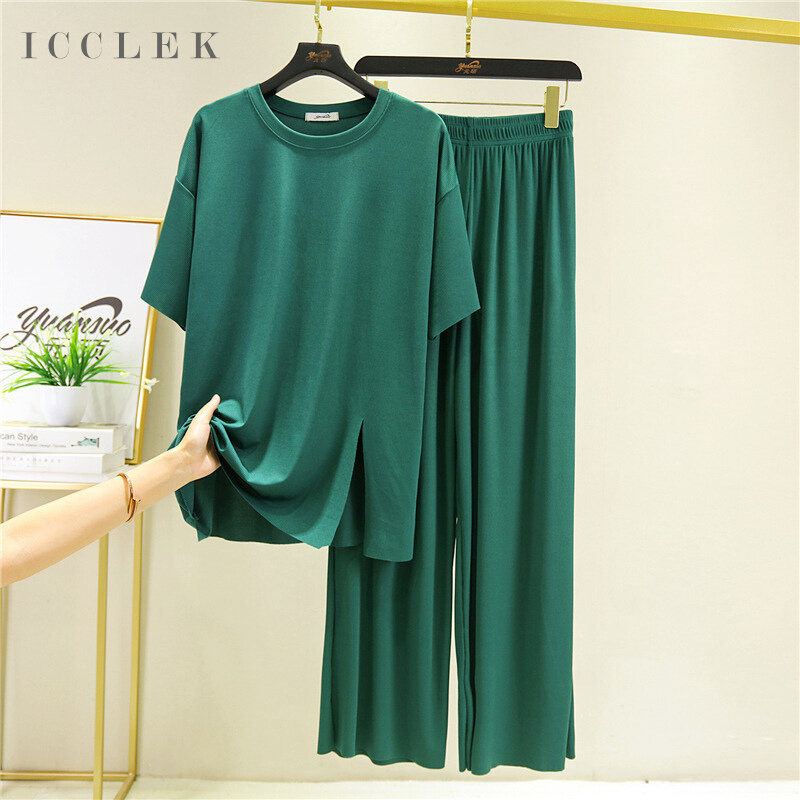 ICCLEK Ladies Ice Silk Pajamas 2 Piece Set Fashion Simple Short-sleeved Home Service Autumn Round Neck Trousers Casual Wear Suit