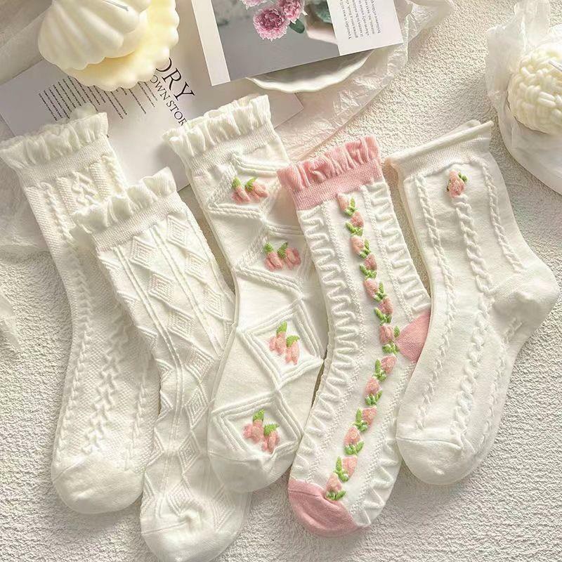 Conjunto de meias lolita branco curto para mulheres, plissado doce, algodão, menina japonesa, doce, adorável, primavera, verão, 5 pares