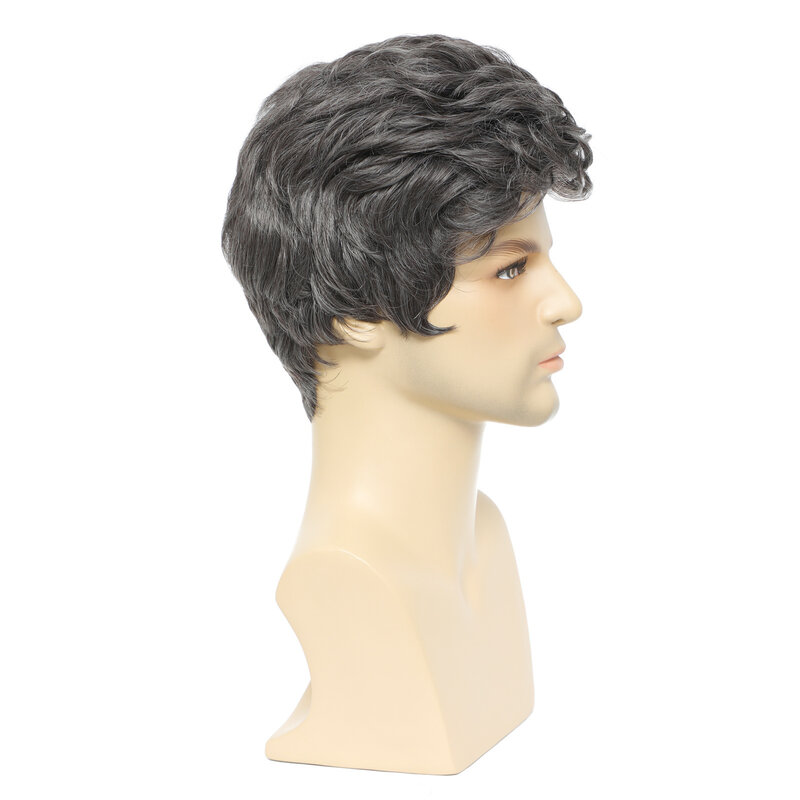 Synthetic Wigs for Men Short Black Grey Wig with Bangs Hairstyle Soft Gray Wigs for Male Older Wig