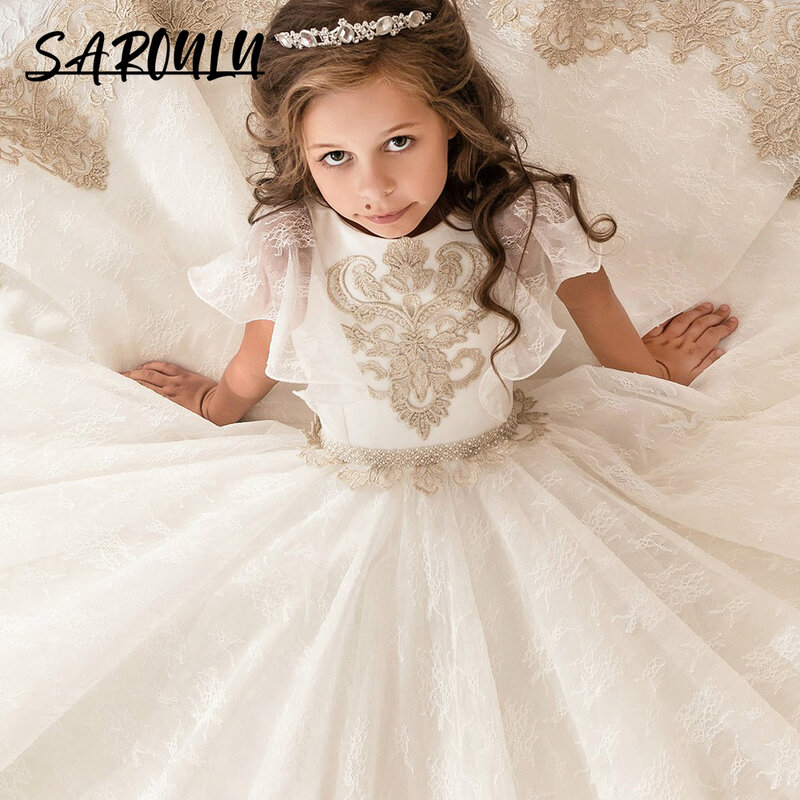 Luxury Lace Appliques Girls Formal Dress Short Sleeve Cute Flower Girls Dresses Birthday Piano Performance Child Party Gown