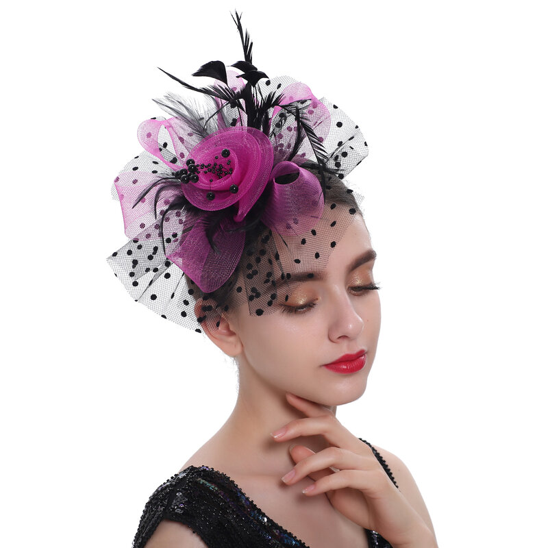 قبعة مبهرة من الريش الكلاسيكي للنساء ، إكسسوارات شعر للسيدات ، حجاب شبكي للزفاف ، دبوس شعر بعصابة رأس