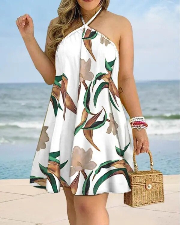 Neck holder kleid mit tropischem Print, rücken freies Kleid im Urlaubs stil für Frühling und Sommer, Damen bekleidung