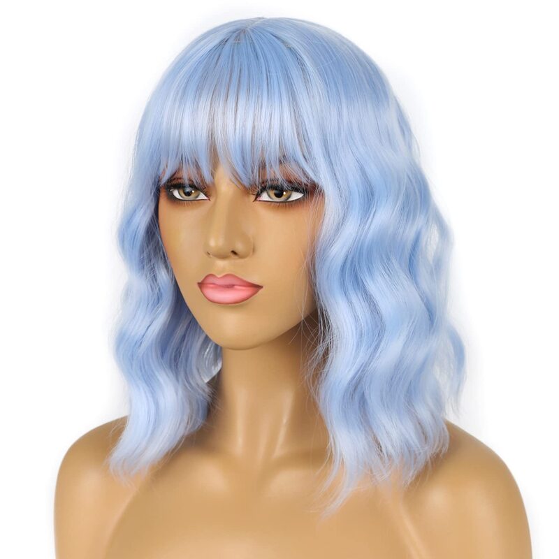 Short Bob Wigs with Bangs for Women, Loose Wavy Wig, Curly Wavy, Shoulder Length, Synthetic Cosplay Wig for Girl