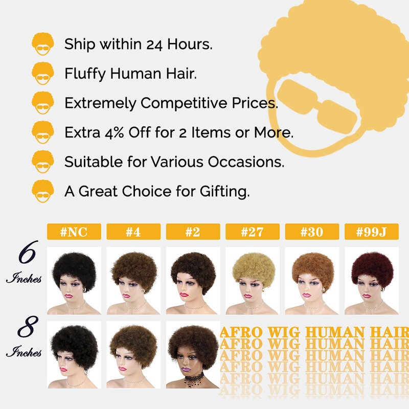 Peluca afro de cabello humano para mujer, pelo corto y rizado, listo para usar, color negro, Borgoña, vino, Perruque Coupe a máquina