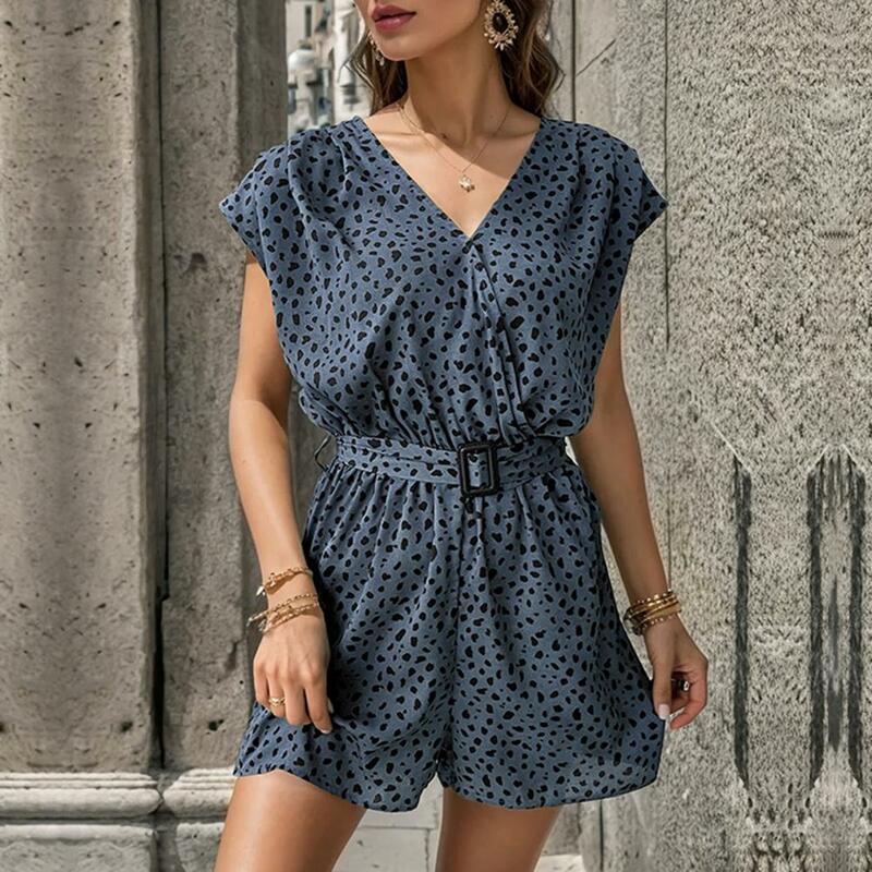 Short Romper Leopard Print V Neck Romper Stylish Pleated Design For Dating Casual Commute With Belted Tight Waist Women Romper