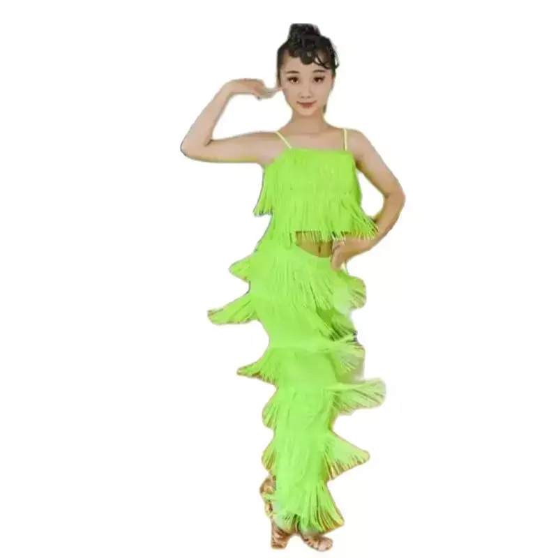 Trajes de dança latina infantis, vestido com franja, calças borla, salsa e samba com lantejoulas, roupas infantis de salão de baile plus size