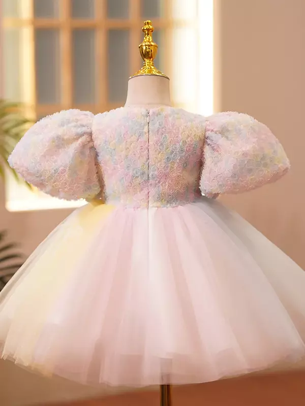 ثوب كرة زهري ثلاثي الأبعاد بألوان قوس قزح إسبانية للفتيات ، فساتين أميرة للأطفال ، عيد ميلاد الرضع ، حفل زفاف ، ملابس بوتيك