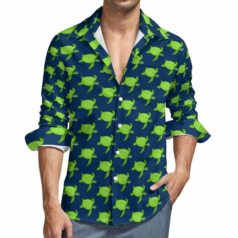Рубашка мужская оверсайз с длинным рукавом, Повседневная Уличная одежда с принтом зеленых морских черепашек, винтажная блузка с принтом животных, весенняя одежда