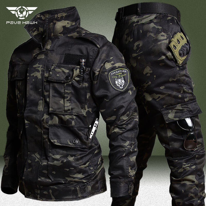 Military Wear-resistant Sets Men Camo Spring Autumn Multi-pocket Army Training Suits Male Outdoor Training Fishing Cargo Set