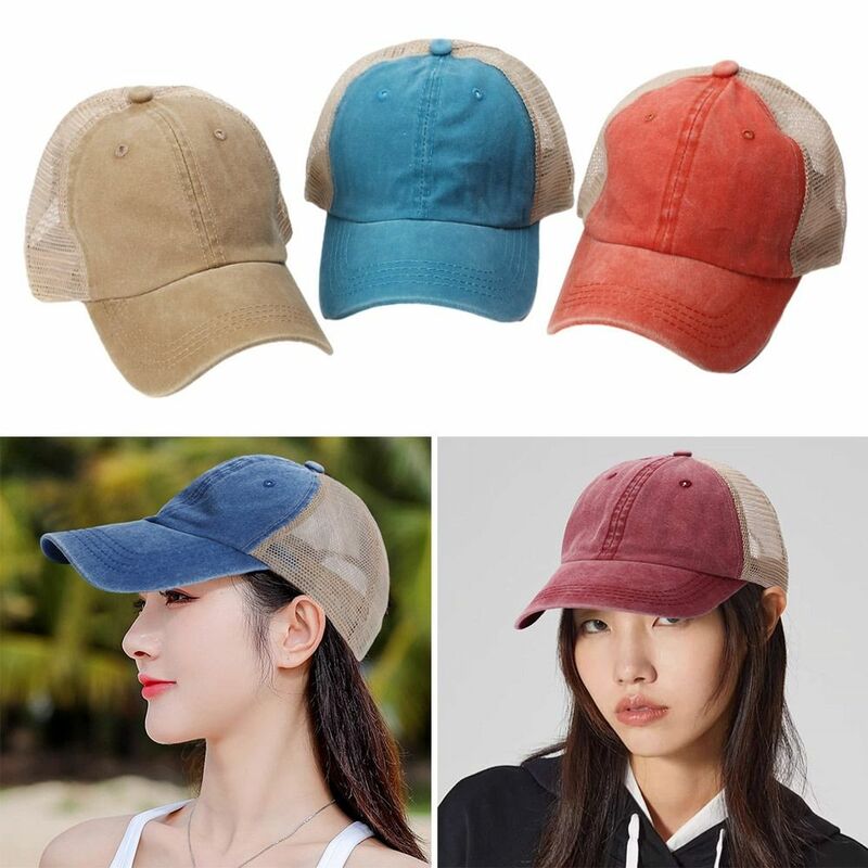 Topi bisbol katun kasual warna polos, topi jaring pelindung terik matahari musim semi dan panas
