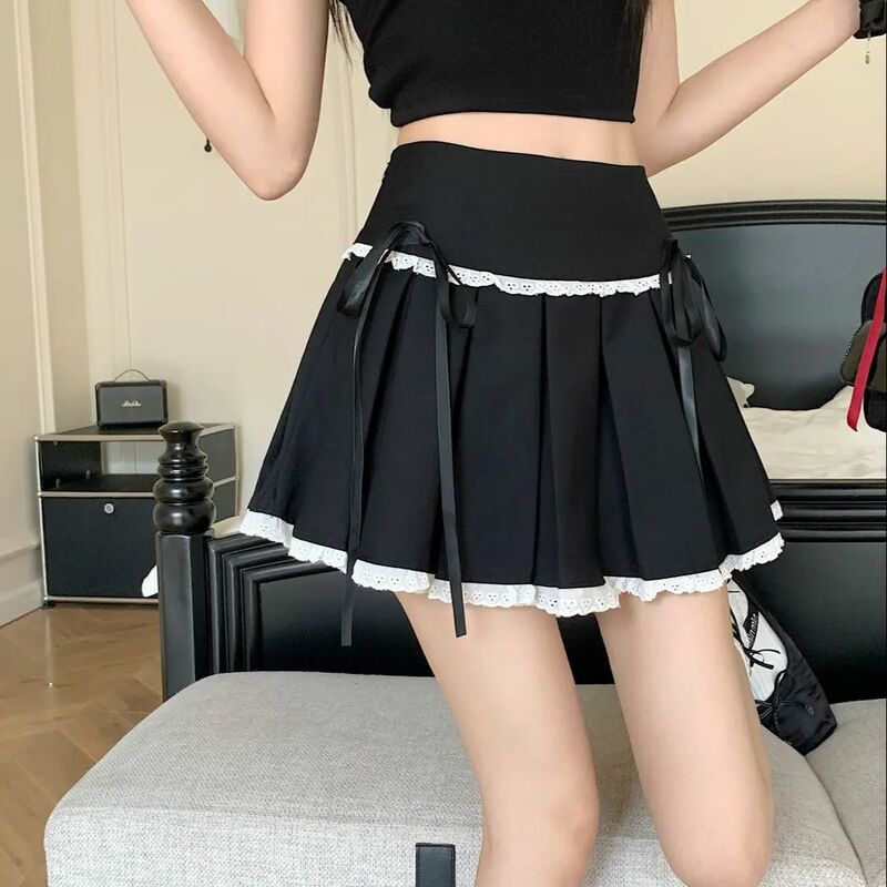Pleated Skirt Patchwork Lace Pleated Y2k Skirts Women Bows Light Exposure Prevention Decoration A-Line Mini Skirt Harajuku 2024
