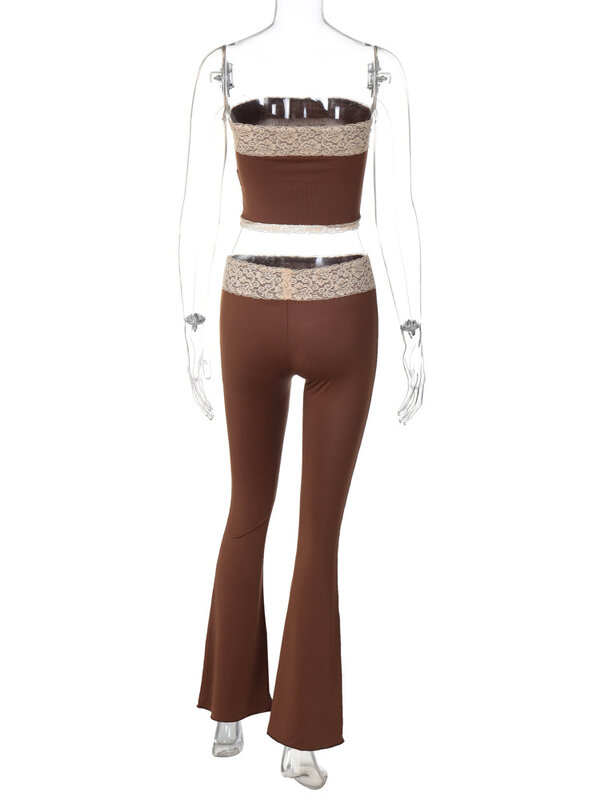 Женский кружевной костюм в стиле пэчворк, облегающий повседневный комплект из 2 предметов, короткий Топ без бретелек с бантом со стразами и широкие брюки с высокой талией, модная уличная одежда, костюмы