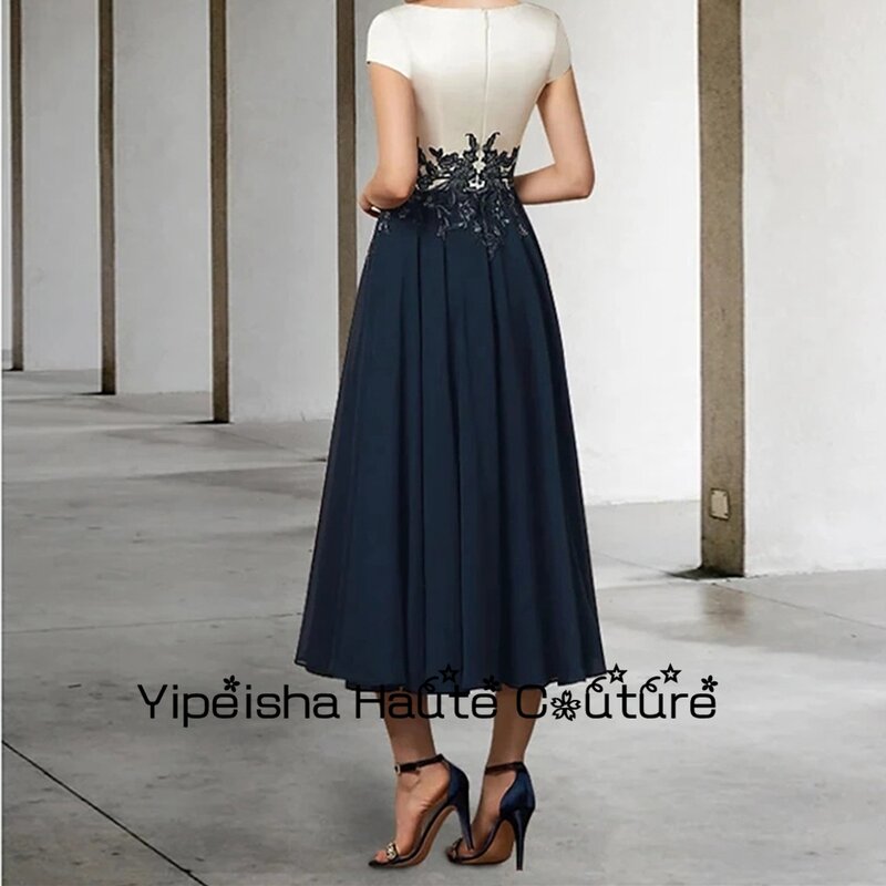 Yipeisha Dark Navy Chiffon Wedding Party Gowns Strapless Short Sleeve Mother Of Bridal Dresses Tea Length Prom Gowns 2023 Summer