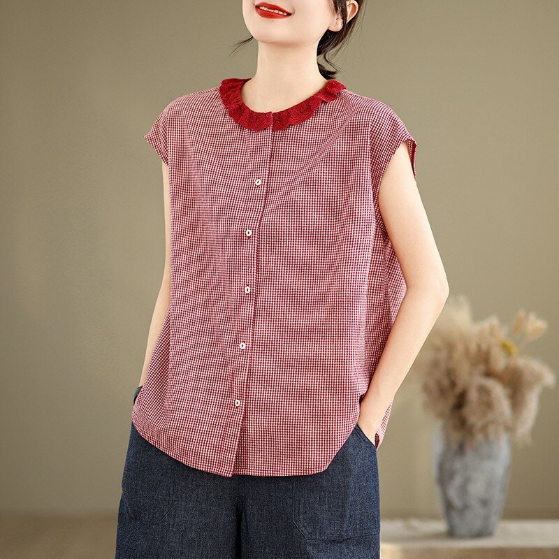 Женская свободная рубашка без рукавов, повседневная клетчатая блузка из хлопка и льна с воротником «Питер Пэн», P666, лето 2024