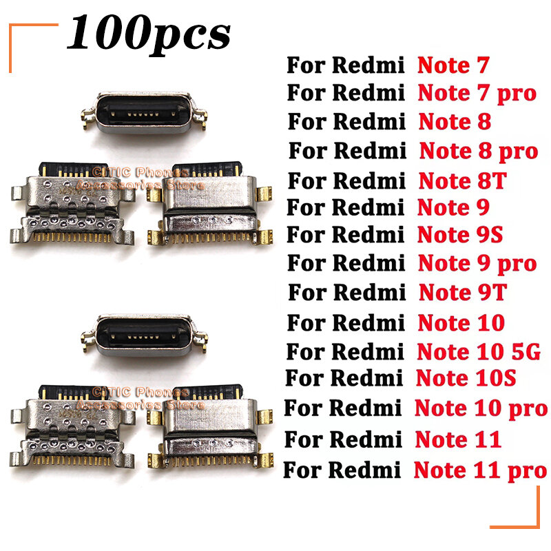 Conector de carregamento USB para Xiaomi Redmi Note 7, 8, 8t, 9, 9s, 9t, 10s, 11 pro, 4g, 5g, 100pcs