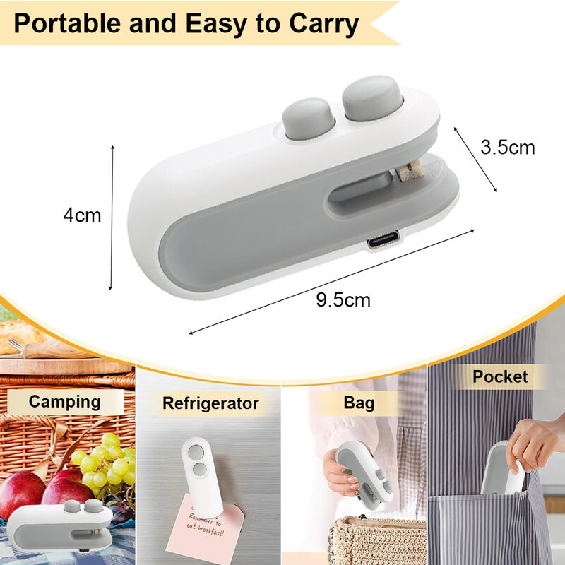 Mini selador de saco plástico, Selagem térmica USB, Recarregável, Embalagem plástica, Slealer para alimentos, Selante térmico 2 em 1