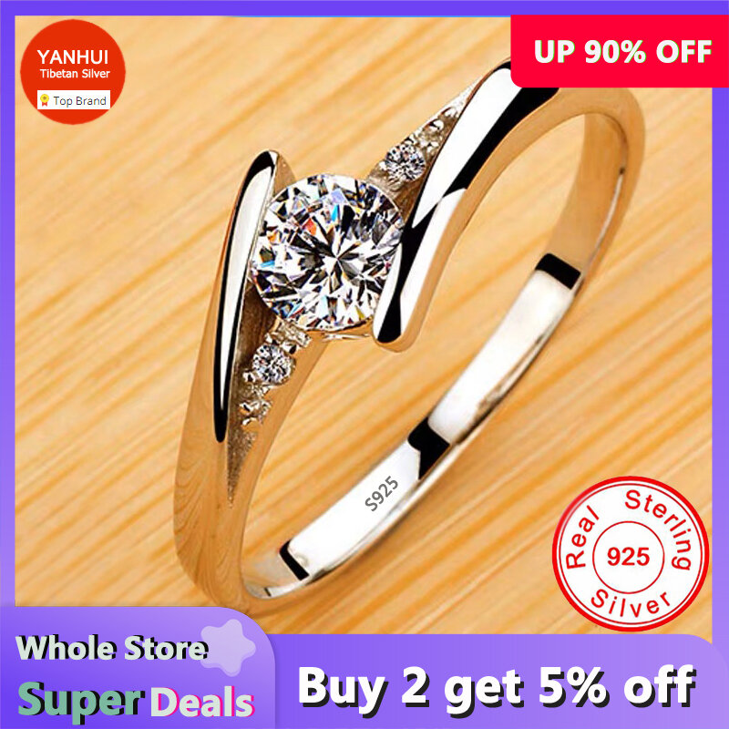 Anéis de prata tibetana branca para mulheres, zircão redondo cristal, nunca desvanece, promessa de noiva, noivado, bandas de casamento