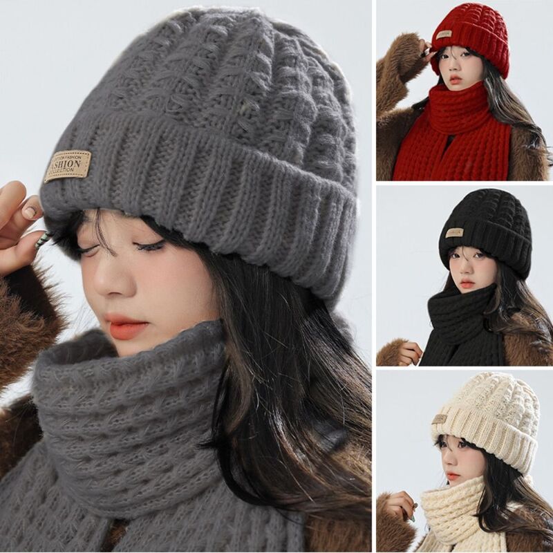Chapéu e cachecol de malha feminino, gorro e lenço de proteção auricular, cor sólida, espesso, quente, inverno, terno de 2 peças