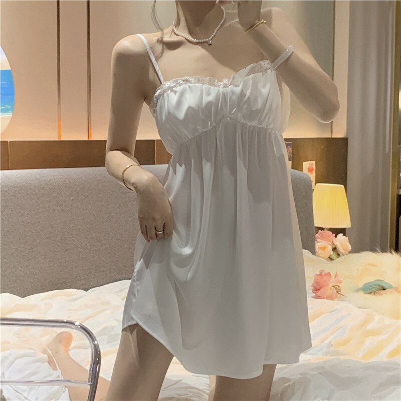 Summer Sweet Solid Color Court Style Sexy Pure Desire To Halter Ice Silk Nightdress Home Dress Pajamas Lady