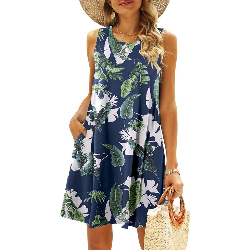 Letnia damska plaża w stylu boho bez rękawów Retro kwiatowa kieszeń T-shirt kamizelka spódnica z szelkami elegancka elegancka sukienka