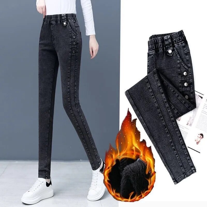 Velvet Stretch Pencil Jeans Women Winter Plus Big Size 34 Vintage Slim Thicken Jean Warm Skinny Denim Pants High Waist Leggings