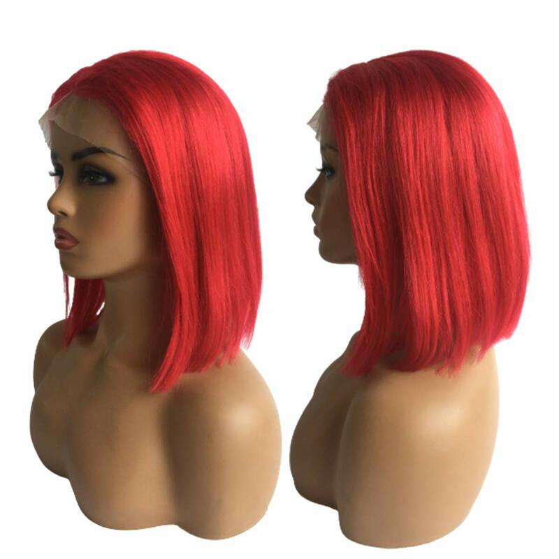Kolorowe peruki Bob ludzkie włosy 13x4 HD przezroczyste koronkowe peruki z przodu brazylijski bezklejowy czerwony kolor prosty Bob koronka peruka dla kobiety