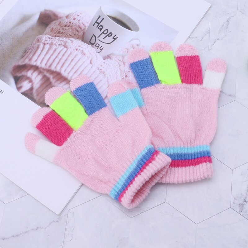 Y1UB – 1 paire gants tricotés à rayures colorées, solides, élastiques multicolores, pour garçons filles