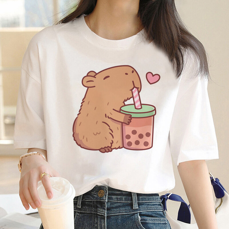 Capybara-T-shirt à manches courtes pour fille, vêtement estival et humoristique, kawaii, harajuku, à la mode, blanc