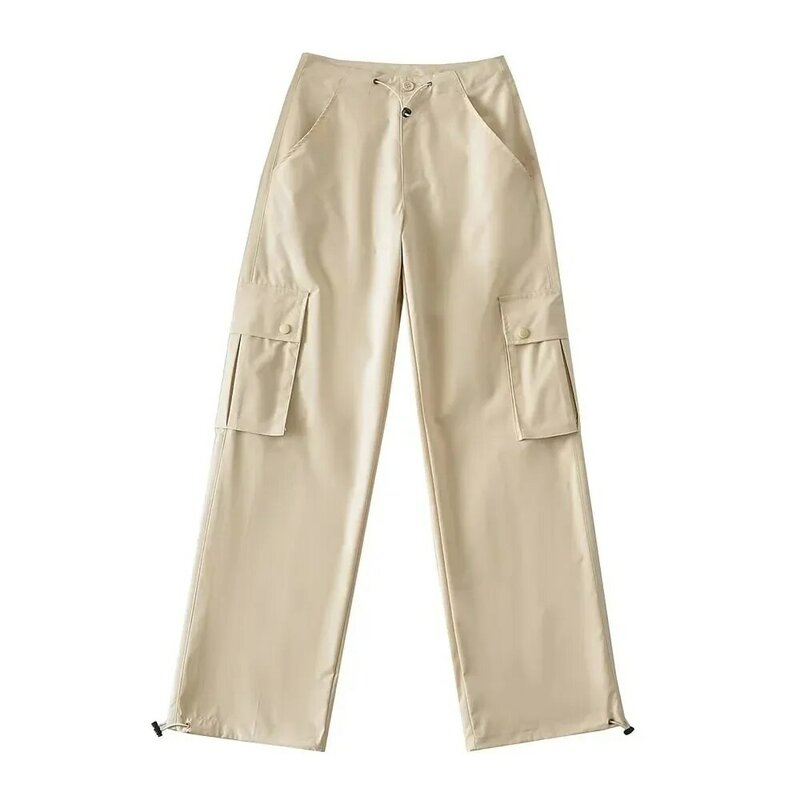 Pantalones Cargo de cintura alta para mujer, pantalón holgado de pierna ancha, con cordón, color negro