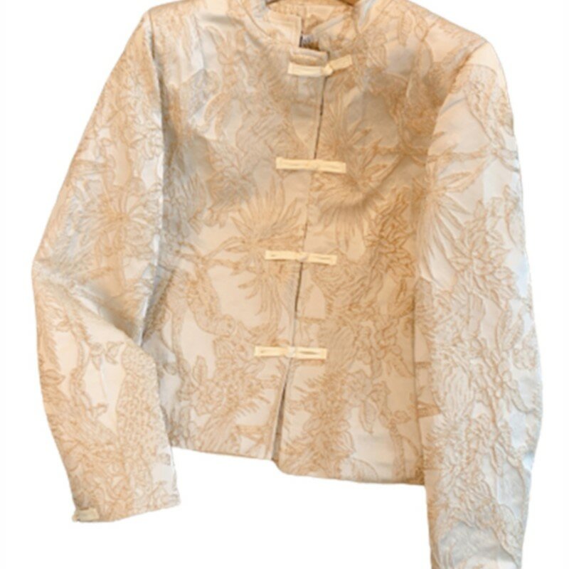 Женское жаккардовое короткое пальто, однобортный жаккардовый Топ с длинным рукавом и воротником-стойкой, в китайском стиле