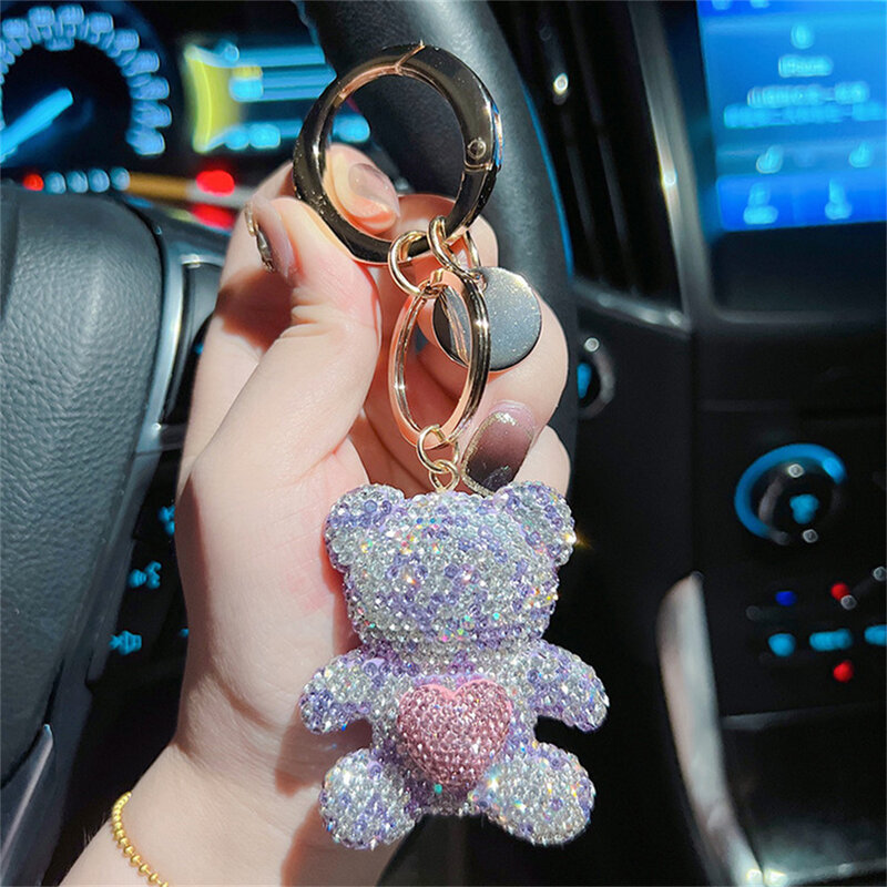 Full Diamond Love Teddy Bear Keychain Metal Large Ring Cute Cartoon Doll Keyring Bag Backpack Pendant Car Hanging Small Gift New