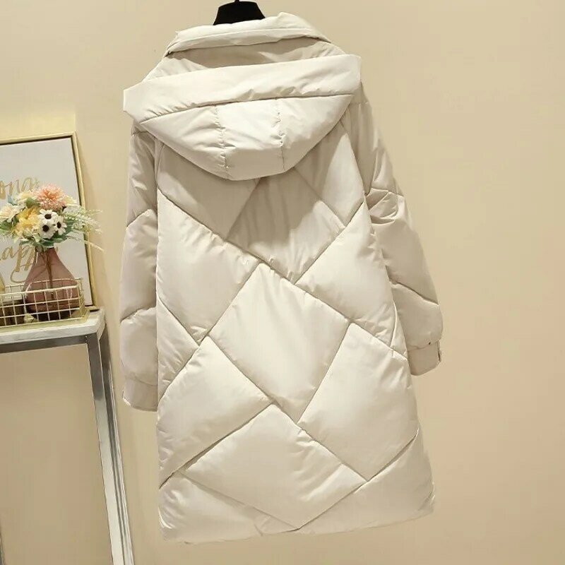 Jaket panjang bertudung wanita, mantel Parka longgar versi Korea musim dingin 2023