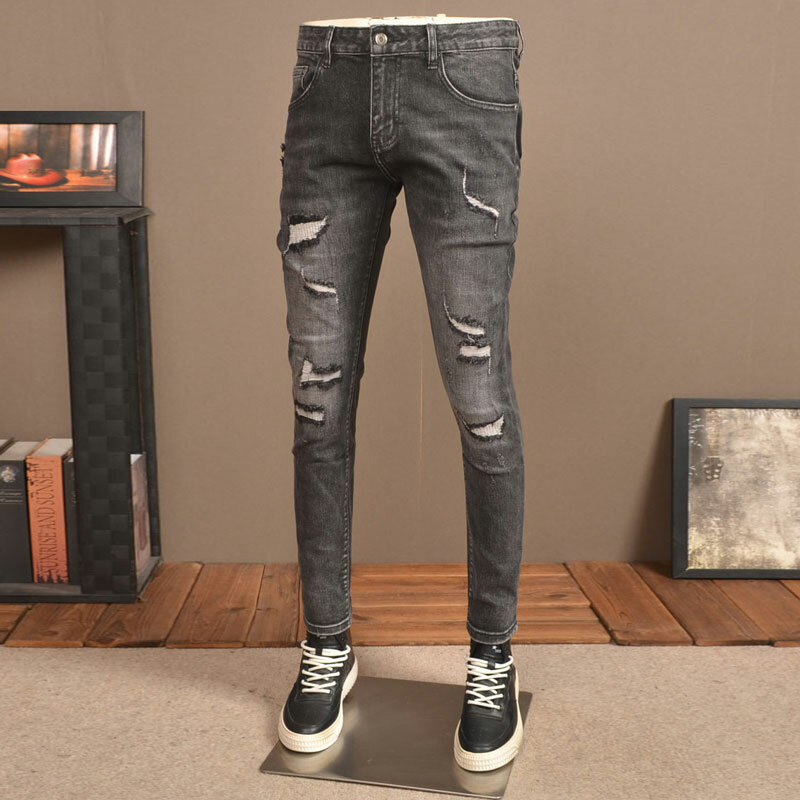 Mode Streetwear Männer Jeans Retro schwarz grau elastisch Slim Fit zerrissene Jeans Männer Vintage Designer Denim Bleistift hose Hombre