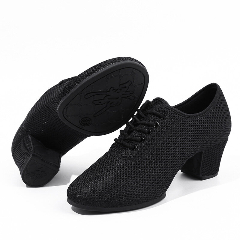 Ladies Summer Mesh Ballroom Black Heels Dance 3.5cm 5cm High Heel Soft Sole Teacher Sailor Square Latin Dance Shoes