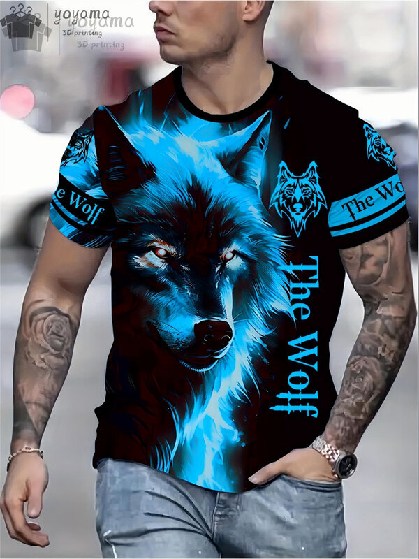 남성용 늑대 패턴 프린트 티셔츠, 하라주쿠 거리 반팔 티, O-넥 오버사이즈 티셔츠, 늑대 프린트 남성 의류, 패션