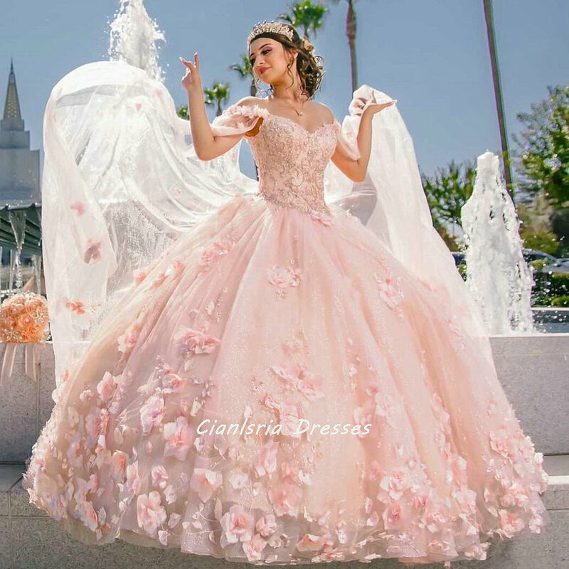 Pink Handmade Flowers Ball Gown Quinceanera Dresses With Cape Off The Shoulder Appliques Lace Vestido De 15 Anos Sweet 16
