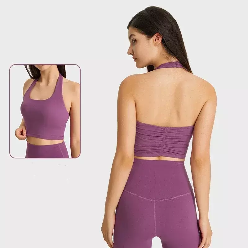 Bra olahraga kerah Halter pakaian dalam seksi punggung terbuka atasan Yoga wanita Bra Push Up Brasier olahraga lari Bralette Fitness Crop Lingerie