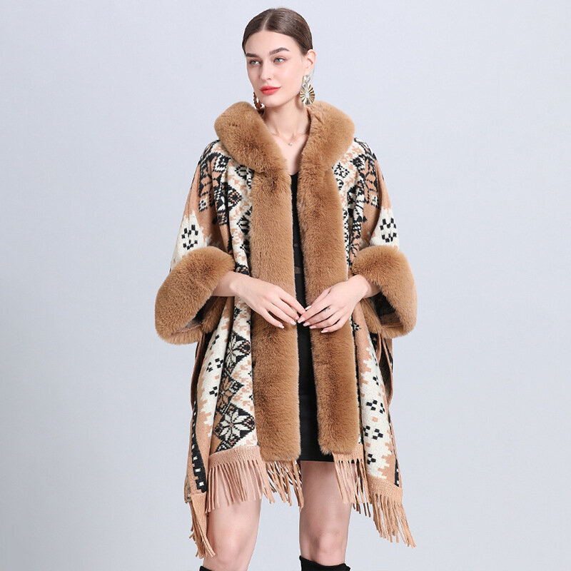 Mantel Kardigan Rumbai Kerah Panjang Besar Bulu Kelinci Palsu Tebal Musim Dingin Wanita 2023 dengan Topi Ponco Longgar Motif Jubah Streetwear