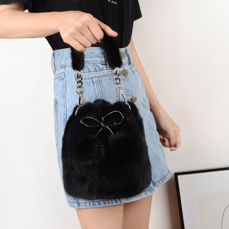 Fur Bag Mink Fur Drawstring Water Bucket Bag Real Fur Bag Women's One Shoulder Bag Fashion Handbag Women Luxury Mink Fur Bag
